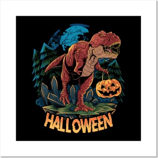 halloween t-rex dinosaur brings pumpkin Posters and Art